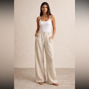 Gaby Isabella Linen Blend Wide Leg Trousers Woman Large Tan Gold Luxury NEW
